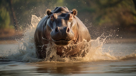 a running hippo with its mouth wide open is captured in this photographically detailed portrait. the image showcases the power and intensity of the moment, reminiscent of national geographic's stunning wildlife photography. the composition is enhanced with a touch of firecore and photobash techniques, creating a visually captivating scene. the dappled lighting adds depth and texture to the overall image. ai generatedの素材