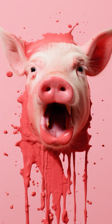 the pig's face, adorned with pink paint, showcases a surrealistic style with photo-realistic compositions. this unique artwork incorporates iconic pop culture references, using light red and white hues. the quirky visual storytelling adds an element of intrigue to the soggy, uhd image. ai generatedの素材