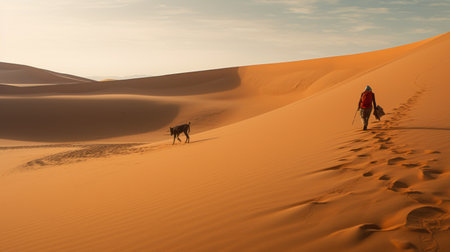 a person walks alongside two donkeys in the vast desert landscape, captured with the zeiss batis 18mm f/2.8 lens. the tonalist color scheme enhances the atmosphere, while the impressive panoramas showcase the expansive surroundings. simplified dog figures add a unique touch, complementing the mind-bending patterns. the dynamic and dramatic compositions create a visually captivating experience. ai generatedの素材
