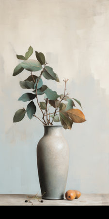 a vase with white and green plants, reminiscent of realistic still life paintings. the image features a light gray and amber color palette, with a low resolution that adds a vintage feel. the use of light and shadow is subtle, creating a sense of depth. this uhd image showcases a beautiful combination of light cyan and maroon tones, evoking the essence of american tonalism. aiの素材