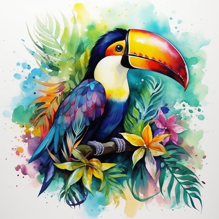 a colorful toucan perched on a vibrant tropical flower, captured in a mesmerizing watercolor illustration style. this unique artwork by wlop combines realistic and fantastical elements, showcasing beautifully characterized animals. the spray-paint based technique adds depth and texture to the image, while the shaped canvas offers a captivating birds-eye-view perspective. ai generatedの素材