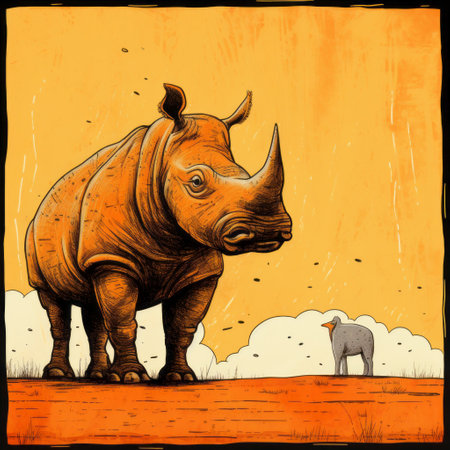 a rhino stands on a brown sand dune, accompanied by two penguins walking behind it. this vibrant image, reminiscent of a vivid comic book style, showcases detailed skies and a striking contrast between the orange sand and the animals. the raw versus finished elements are highlighted through the detailed ink illustrations, making it a captivating poster. ai generatedの素材
