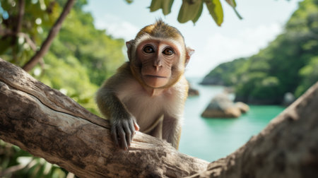 a monkey perched on a tree branch, surrounded by water and trees in the background. this photorealistic portrait captures the intricate details of the monkey's features and the marine environment. the high-resolution 8k image showcases the stunning beauty of nature, reminiscent of national geographic photography. created using maya software, the image employs focus stacking techniques to enhance depth and a touch of caricature to addの素材