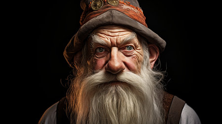 an old man with a black beard, reminiscent of matthias haker's style, is captured in this photo. the image evokes a sense of fantasy and fairy tale, drawing inspiration from artists like sacha goldberger and pieter brueghel the younger. the use of the laowa 100mm f/2.8 2x ultra macro apo and angenieux 45-90mm f/2.8 lenses adds a unique perspective to the composition. ai generatedの素材