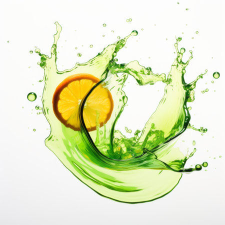 fresh green and orange fruit in a captivating liquid splash, isolated on a white background. this abstract composition by dimitry roulland showcases dynamic forms in motion, reminiscent of innovative page designs. captured by miwa komatsu for the associated press, this monochromatic image exudes intense energy and is reminiscent of energy-filled illustrations. ai generatedの素材