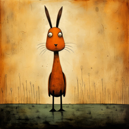 a brown rabbit is depicted in this whimsical cartoon-style illustration on paper. the dark and dreamlike image showcases the rabbit in shades of orange and beige. this digitally manipulated illustration is part of a collection of large canvas format, dreamlike illustrations available on flickr. ai generatedの素材