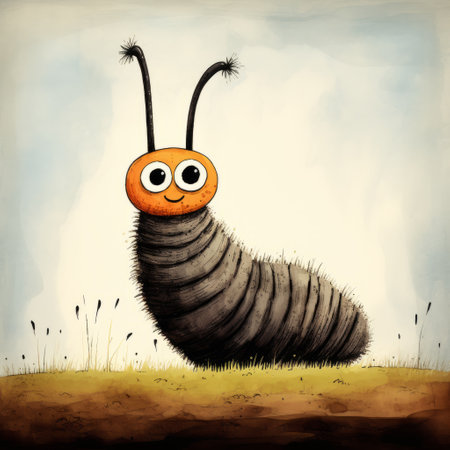 a black and orange caterpillar is depicted in a field, resembling the artistic style of andy fairhurst. this charming character illustration, inspired by snailcore and kestutis kasparavicius, showcases a touch of monstrous surrealism. the caterpillar, made entirely of insects, is colorized to enhance its visual appeal. ai generatedの素材