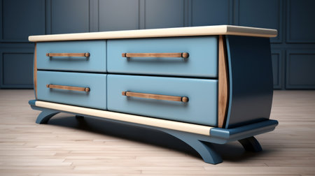 the chest of drawers is a realistic hyper-detailed rendering with a distinctive character design. it features a dark sky-blue and light beige color scheme, showcasing color-blocked shapes. the wood texture adds a touch of authenticity to the photorealistic detail. this 32k uhd image captures the elongated form of the chest of drawers. ai generatedの素材