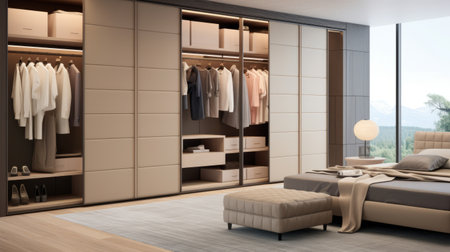 a modern closet featuring large furniture in a light gold and dark beige color scheme. the design is highly detailed, with a focus on back button functionality. this stunning piece is created by the talented artist clemens ascher and captured in 8k resolution, showcasing its tranquil serenity and vibrant appeal. ai generatedの素材