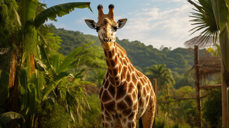 a giraffe stands gracefully in a lush green field, surrounded by the enigmatic beauty of the tropics. this captivating photograph, reminiscent of john wilhelm's style, showcases spectacular backdrops and captures the essence of a national geographic-worthy image. with a focus on the giraffe's facial expression, the photo transports viewers to a mysterious jungle, offering a stunning uhd visual experience. ai generatedの素材