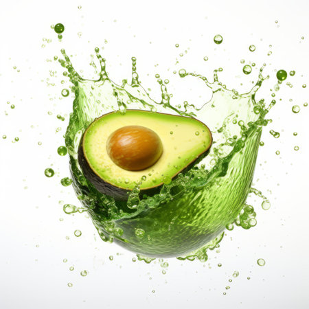 a green avocado splashing on a white background, captured with a canon eos 5d mark iv. this eye-catching photo showcases the artistry of grocery items, with a layered image style and cross processing technique. the softbox lighting adds depth and detail to the grid-based composition. ai generatedの素材
