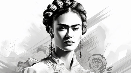 frida kahlo friday the 13th theme wallpaper featuring monochromatic ink wash style, realistic hyper-detailed portraits, simplistic vector art, detailed shading, guatemalan art influences, classic tattoo motifs, and hyper-detailed elements. ai generatedの素材
