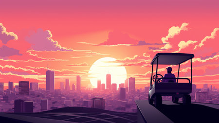 a person drives a golf cart on a hill at sunset, surrounded by a futuristic cityscape. the scene is reminiscent of anime art with rtx on, showcasing realistic landscapes in soft, tonal colors. the image is enhanced with dark magenta and crimson hues, resembling the signature style of artist patrick brown. the photo is captured in stunning 8k resolution. ai generatedの素材