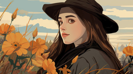 a girl with a big smile wearing a hat stands amidst vibrant orange flowers. the photo captures the essence of gothic illustration with its realistic landscapes, soft tonal colors, and simplified portraits. the artist, cliff chiang, skillfully uses gloomy and flat colors to create a captivating portrait. ai generatedの素材
