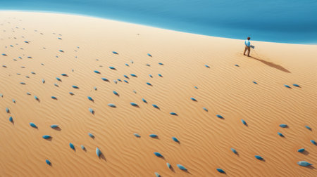 a person stands on a sand dune by the ocean, surrounded by surreal animal hybrids. the scene is rendered in the style of unreal engine 5, with a color palette of light navy and cyan. the image is captured in 32k uhd resolution, showcasing the intricate details of the desertwave landscape. the composition is scattered, adding to the overall visual impact. ai generatedの素材