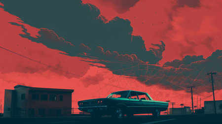a black car silhouette with a person standing in the dark street. the photo captures a sense of mystery and intrigue, reminiscent of pulp comics and editorial illustrations. the soft, tonal colors create a realistic landscape, while the whiplash lines add a touch of supernatural realism. the red car stands out against the sky-blue and green backdrop, giving it a distinct cartelcore vibe. ai generatedの素材