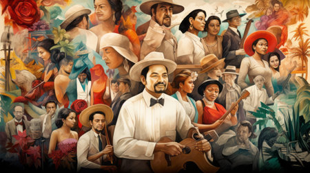 a mural featuring simplified and stylized portraits of people in traditional venezuelan clothing and music, inspired by the artistic style of artgerm. this vibrant artwork draws influences from criterion collection, adrian donoghue, traditional vietnamese culture, gustave caillebotte, and iconic civil rights imagery. ai generatedの素材