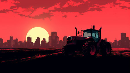 a flying tractor soars over the city at sunset, showcasing a captivating blend of pop art aesthetic, neo-geo influences, and minimalist backgrounds. the dark crimson and white hues create a striking contrast, while the ultra hd quality enhances the visual experience. the image also evokes elements of farm security administration aesthetics, with a touch of modernity brought by the rtx on technology. ai generatedの素材