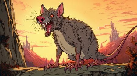 a gray rat with big teeth stands on a rock face in this vibrant 2d game art style. the richly colored skies and gaudy, grotesque illustrations create a visually striking scene. the spiky mounds and victorian-inspired elements add to the unique charm of this artwork, while the cartoon violence adds an element of excitement. ai generatedの素材