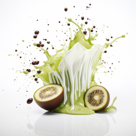 kiwi juice splash in a vibrant green hue, captured mid-splash, stands out against a clean white background. the composition is reminiscent of the hyperrealistic murals by irving penn, featuring a mix of dark brown and light beige tones. the image incorporates futuristic elements with a touch of dark white and light purple, resulting in an energy-filled illustration. ai generatedの素材