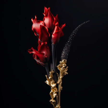 the photo showcases a black base adorned with a captivating arrangement of black and red roses. the composition exudes a blend of light red and dark gold tones, reminiscent of baroque aesthetics. captured in stunning 8k resolution, this sculpture-based photography highlights the refined elegance of the organic form. the symbolic nature of the arrangement adds depth to the overall visual appeal. ai generatedの素材