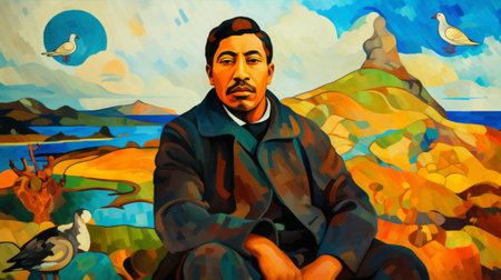 a person sitting on a field is depicted in this fauvist-style portrait, influenced by maori art, traditional chinese painting, and ndebele art. the painting showcases multi-layered color fields, reminiscent of sea and coast landscapes. this artwork is a unique blend of various artistic styles, creating a visually captivating and historically inspired piece. ai generatedの素材
