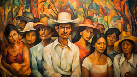 the painting of mexican people captures the essence of time with emotive fields of color, bold shadows, and pastoral settings. it showcases detailed crowd scenes, reminiscent of the farm security administration aesthetics. this stunning artwork, captured with a nikon d850, beautifully portrays the rich cultural heritage and diversity of mexico. ai generatedの素材