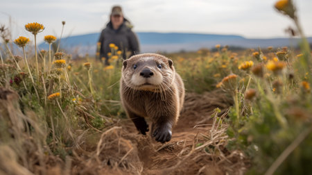 an otter, captured through a wide-angle lens, gazes curiously at a human strolling along a flower-lined path. this precisionist-style photograph, enhanced with rtx technology, embodies the essence of prairiecore. the image exudes a sense of movement, with the otter's expressive face and the landscape taking center stage. ai generatedの素材