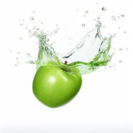 an apple falling into a water spray, captured in a photographically detailed portrait style. the light green and light emerald colors create a visually striking image against the white background. this grocery art piece features smooth lines and a color splash effect, with a strong emphasis on the action of the falling apple. ai generatedの素材