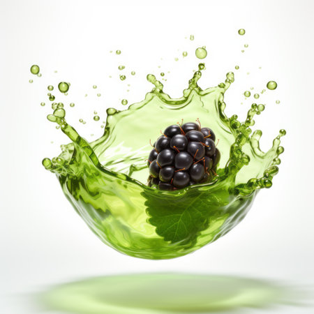 a photo of a blackberry juice splash captured in the style of goerz hypergon 65mm f8. the image features a vibrant green fruit, a splash, and a leaf of fresh green leaves on a white background. the composition, created with a lensbaby composer pro ii with edge 50 optic, showcases bold color combinations, organic shapes, and curved lines. the result is a hyper-realistic oil painting-likeの素材