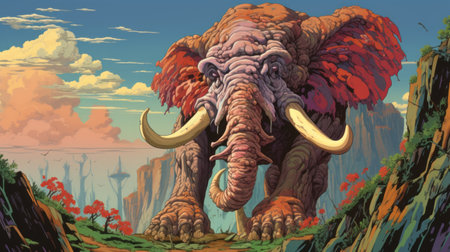 a large, brown elephant gracefully traverses a rugged landscape, reminiscent of the vibrant color palettes and energy-filled illustrations found in the style of patrick woodroffe. this majestic creature captivates with its grandeur of scale and distinctive nose, evoking a sense of junglepunk aesthetics akin to the artistry of etam cru. ai generatedの素材