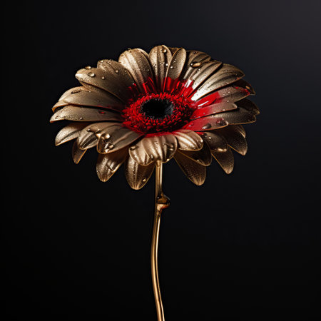 a gold flower, intricately designed, sits within a decorative frame against a striking black background. the dark bronze and red accents add a touch of elegance to this minimalistic metal sculpture. captured through focus stacking and schlieren photography techniques, this spray painted realism artwork showcases a unique flowerpunk aesthetic with its dark pink and light gold hues. ai generatedの素材