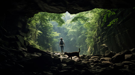 a woman captures a photo of her dog at the entrance of a cave, inspired by the mysterious jungle style of jessica rossier. the image, taken with a samyang 14mm f28 if ed umc aspherical lens, showcases the beauty of the scene. the high-quality photo by miwa komatsu is truly captivating, leaving viewers in awe. ai generatedの素材
