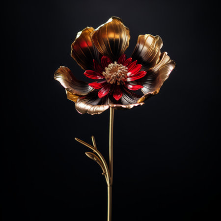 harvey adams, a hawaiian artist, showcases his talent with a stunning image of a gold and red floral design engraved into an acorn. the acorn is carved from dark bronze and silver, creating an opulent minimalistic piece. this uhd image captures the essence of industrial materials and showcases a baroque-inspired chiaroscuro effect, emphasizing the power of flowers. ai generatedの素材