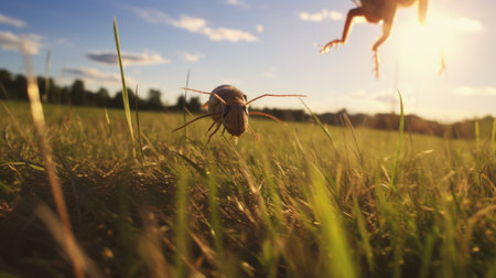 two birds and insects explore the grass in this captivating documentary-style photo. the image features anamorphic lens flare and lively action poses, reminiscent of annie leibovitz's work. the bugcore theme is enhanced by macro perspectives and the use of a fisheye lens. ai generatedの素材