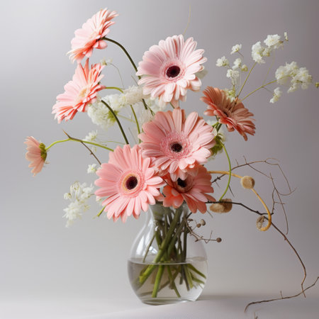 a pink vase filled with flowers, rendered in cinema4d with layered translucency, showcases the photorealistic accuracy of marguerite blasingame's artwork. the close-up shot captures the delicate details of the light brown and pink flora, beautifully crafted by flora borsi. ai generatedの素材