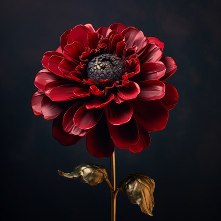 a purple flower, with surrealistic elements, in the style of red and bronze, showcases dark surrealism. the photorealistic composition captures the essence of the dusseldorf school of photography, with its dark red and gold tones. the flower stands out against the dark black and red background, creating a captivating and mysterious image. ai generatedの素材