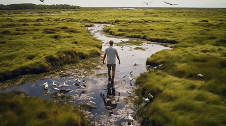 a man walking through lush green grass beside a serene stream. this captivating photograph captures the essence of marine scenes, with an avian-themed touch. reminiscent of national geographic's stunning imagery, the photo showcases the beauty of coastal scenery in rural america. with its 8k resolution, every detail is brought to life, making it a truly mesmerizing visual experience. ai generatedの素材