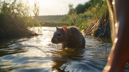 a rat stands under a body of water, surrounded by grass and weeds in the background. the photo is captured in a style that features backlight and motion blur, highlighting the rat's presence. the image showcases tangled nests and exhibits a color palette of dark amber and pink. the setting resembles the english countryside, with detailed attention given to the overall composition. ai generatedの素材