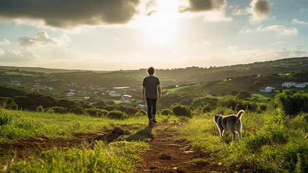 a man takes a solitary walk with his dog in the picturesque countryside, captured beautifully through the lens of the tokina at-x 11-16mm f/2.8 pro dx ii. the romantic landscape vistas showcase the harmonious blend of light silver and green hues. this eco-friendly craftsmanship by shigeru aoki evokes a sense of tranquility, reminiscent of the horizons painted by george inness. ai generatedの素材