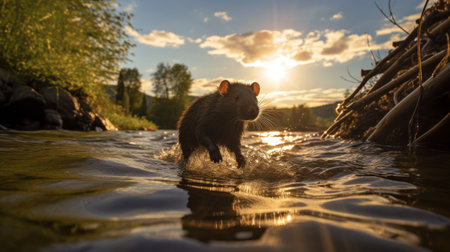 a mouse leaps into the sunlight from the water, creating a captivating moment captured in this photo. the image showcases elements of viennese actionism, photo-realistic landscapes, and characterful animal portraits. with a touch of foampunk aesthetic, the photo's dramatic atmospheric perspective adds to its undeniable beauty. ai generatedの素材