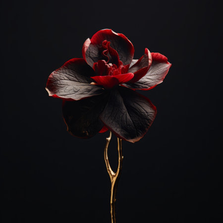 an orchid in black, set against a dark background, showcases a post-conceptual, romantic goth style. the dark red and dark bronze hues add an alluring touch to this handcrafted object made entirely of flowers. this captivating image draws inspiration from the dusseldorf school of photography, combining elements of dark red and dark gold. ai generatedの素材