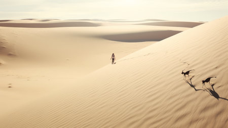 a man stands alone in the desert, surrounded by a flock of geese. the dreamlike and surreal atmosphere is enhanced by the light beige and violet hues. the composition reflects elements of oriental minimalism, while the aerial photography captures the vastness of the australian landscapes. this tumblewave adventure-themed image is truly captivating. ai generatedの素材