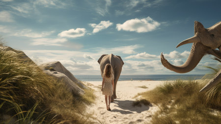a girl gazes at a group of deceased elephants, reminiscent of romantic seascapes. this 8k resolution photograph captures the essence of the danish golden age, with its light brown and turquoise tones creating soft and romantic landscapes. shot with a sigma 85mm f1.4 dg hsm art lens, this uhd image showcases the beauty and tranquility of the scene. ai generatedの素材
