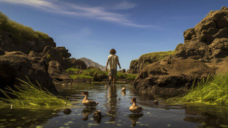 a virtual reality depiction of coastal scenery captured through contemporary realist portrait photography. this photographically detailed portraitures showcases the fusion of water and land, portraying a playful innocence. rendered in cinema4d with the zeiss batis 18mm f2.8 lens, this image immerses viewers in the wilderness. ai generatedの素材