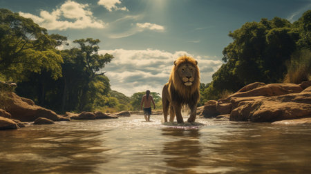 a lion character stands majestically in the river, captured in the unique style of scanner photography. this high-resolution 8k image showcases the artistic talent of tonga, with an adventurous theme that evokes iconic album covers. the use of ray tracing and a soft focus lens adds a captivating touch to this stunning artwork. ai generatedの素材