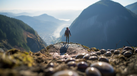 minion standing on a tree overlooking a rocky gorge, captured in the unique style of tilt-shift photography. this sculptural landscape showcases the breathtaking beauty of norwegian nature, blending light-filled landscapes with a touch of metropolis-meets-nature. the realistic depiction of the human form adds a whimsical touch to this captivating scoutcore scene. ai generatedの素材