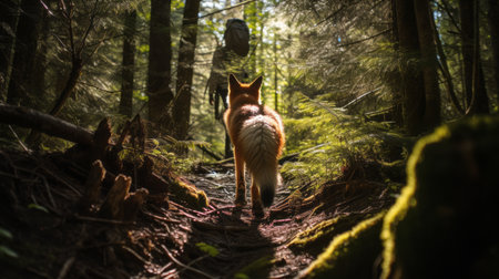 a fox, captured in the style of nikon d850, taylor wessing, andreas achenbach, canon eos 5d mark iv, new american color photography, hikecore, and kelly freas, walks through the forest, gazing into the distance. ai generatedの素材