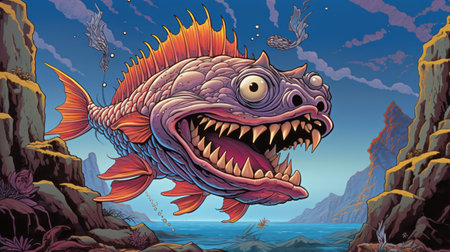 a fish swims gracefully in the water, surrounded by a volcanic landscape. this captivating image showcases intricate and bizarre illustrations in dark orange and light magenta hues. created by the talented artist dave coverly, this foampunk-inspired airbrush art piece exudes a sense of grotesque beauty. angus mckie's influence is evident in the fantastical elements of this mesmerizing composition. ai generatedの素材