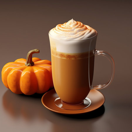 a pumpkin spice latte, topped with creamy foam and sprinkled with cinnamon, is placed on a coffee table made of stone. the image showcases a realistic hyper-detailed rendering, featuring hard surface modeling. the vibrant colors and soft mist add a touch of fantasy to the scene, while the smooth curves of the drink create an inviting appeal. ai generatedの素材